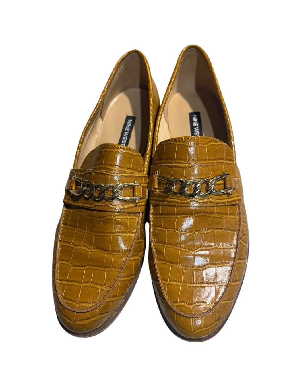 Nine West women’s  Cognac Croc-Embossed Loafers with Chain Accent